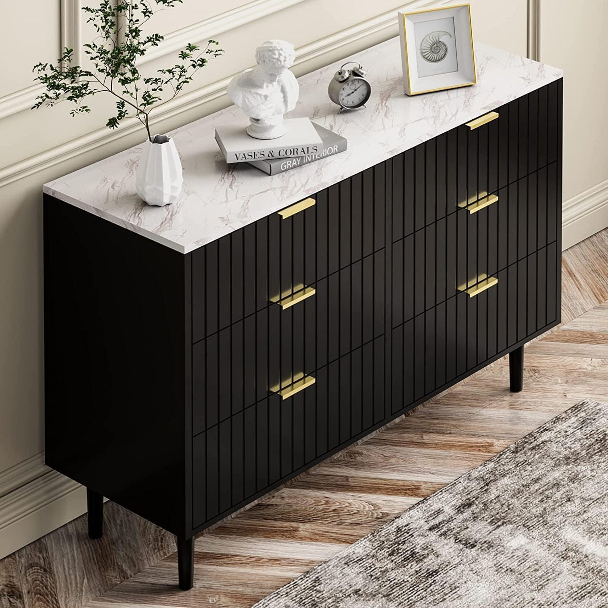 UEV Black 6 Drawer Dresser and Nightstand Sets for Bedroom,Marble Texture Top Modern Dresser and Fluted Night Stand Set of 2 Comb 3 Pieces UEV