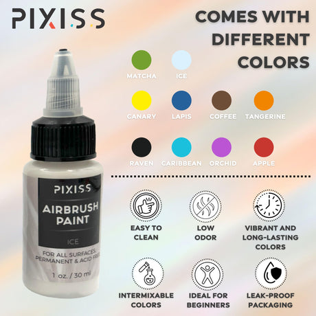 Pixiss Air Brush Painting Set - 10 Colors of Acrylic Paint for Airbrush Kit - Acrylic Airbrush Paint Set for Model Paint Kit - Vibrant Pigments for Various Surfaces Pixiss