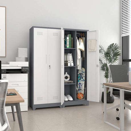 GREATMEET 65" Broom Storage Cabinet, Metal Utility Closet for Brooms and Mops, Cleaning Supply Cabinet with Pegboard, Multifunctional Metal Garage Mop Storage Closet, Grey&White GREATMEET