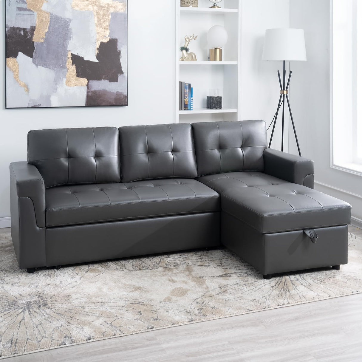 Naomi Home Jenny Sectional Sofa Sleeper with Storage Chaise, Tufted Pull Out Couch with Storage, Sectional Sofa Bed, L-Shaped Reversible Sleeper Sofa with Storage, Dark Gray,Air Leather Naomi Home