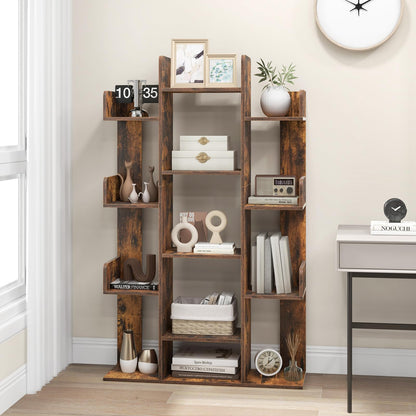 Giantex Rustic Brown 7-Cube Tree Bookshelf with 13 Open Shelves - Stylish Corner Storage Organizer for Living Room and Study - WoodArtSupply