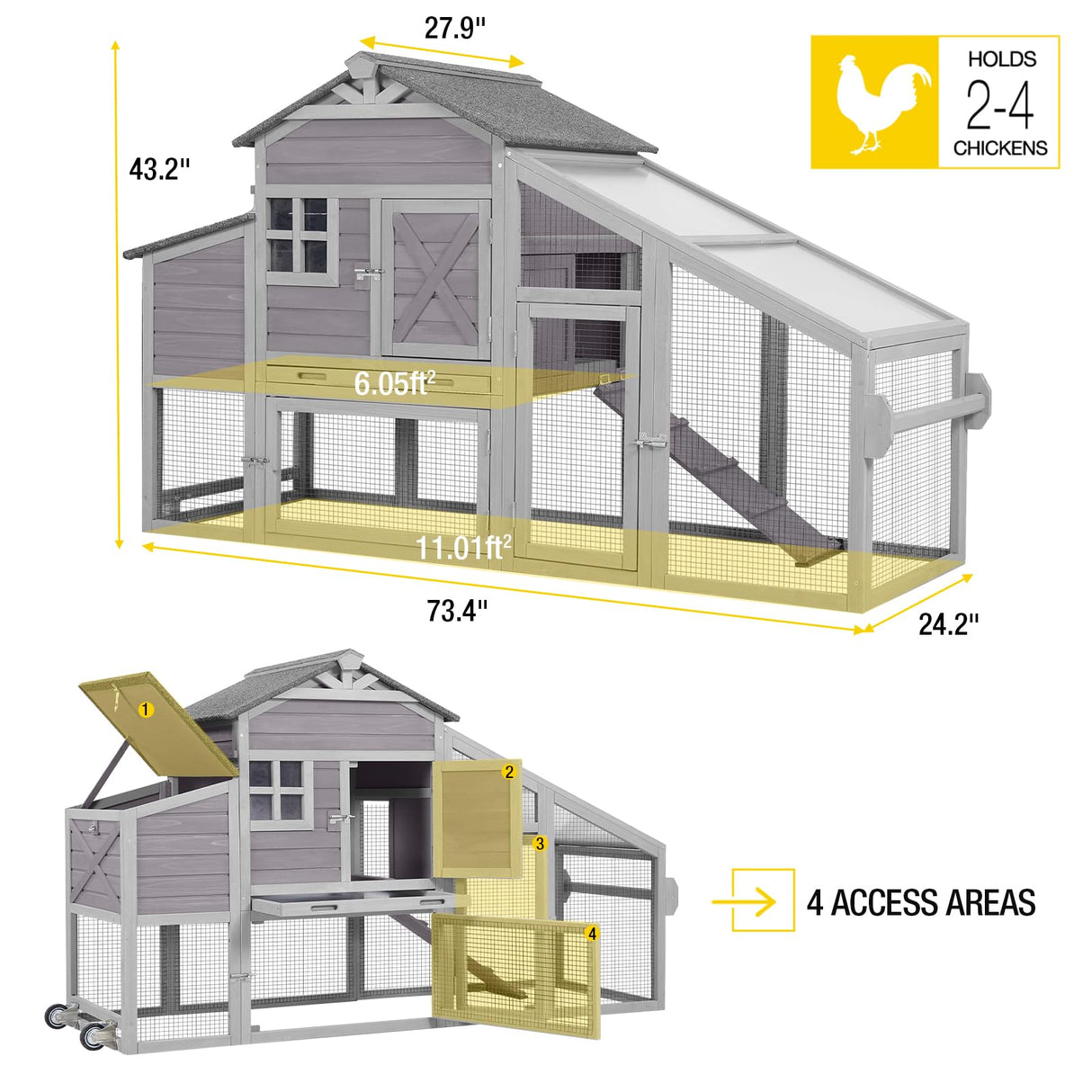 AIVITUVIN Chicken Coop with Nesting Box Mobile Chicken House on Wheels for 2-4 Chickens Rabbit Hutch Pull-Out Tray Wooden Poultry Cage Aivituvin