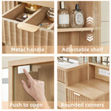 LEYAOYAO Vanity Desk with Mirror and Lights, 43.5'' Fluted Makeup Vanity with 6 Drawers and Adjustable Shelves, Natural Wood Make Up Vanity Dressing Table with Glass Top and Power Outlet for Bedroom LEYAOYAO