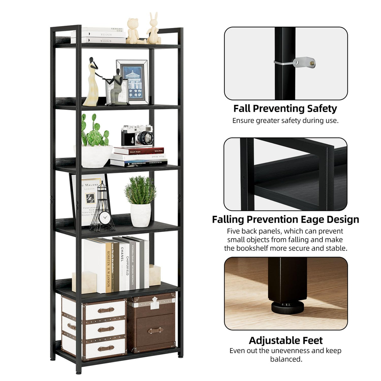 NUMENN Bookshelf, 6 Tier Bookshelves, Home Office Bookcase Shelf Storage Organizer, Free Standing Storage Shelving Unit for Bedroom, Living Room and Home Office, Black NUMENN