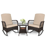 LEVELEVE 3 pcs Rocking Bistro Set Conversation Chairs PE Wicker Outdoor Rocking Chairs & Glass Table,for Porch Lawn Garden Backyard Deck(Rocking Set,Khaki) LEVELEVE