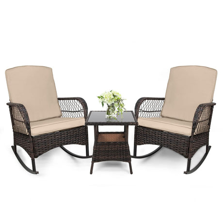 LEVELEVE 3 pcs Rocking Bistro Set Conversation Chairs PE Wicker Outdoor Rocking Chairs & Glass Table,for Porch Lawn Garden Backyard Deck(Rocking Set,Khaki) LEVELEVE