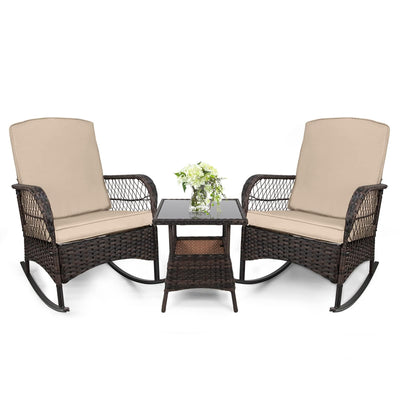 LEVELEVE 3 pcs Rocking Bistro Set Conversation Chairs PE Wicker Outdoor Rocking Chairs & Glass Table,for Porch Lawn Garden Backyard Deck(Rocking Set,Khaki)