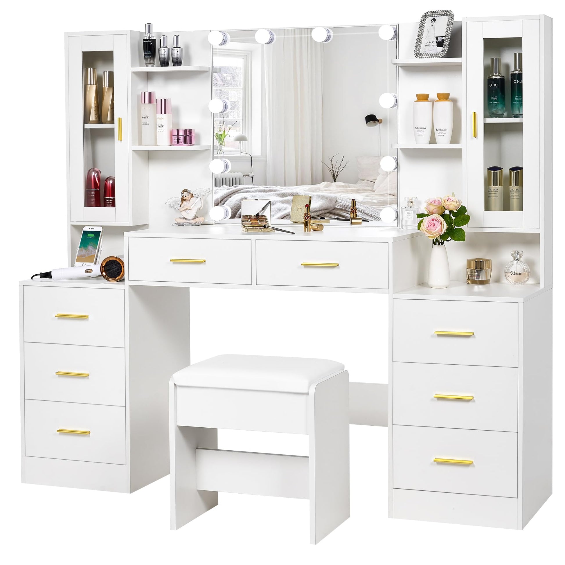 ANWBROAD 59.1" Large Vanity Desk Table with Mirror & Lights White Makeup Vanity with Power Outlet and 8 Drawers 2 Cabinets 3 Lighting Modes Adjustable Vanity Table for Bedroom Dressing Room U - WoodArtSupply