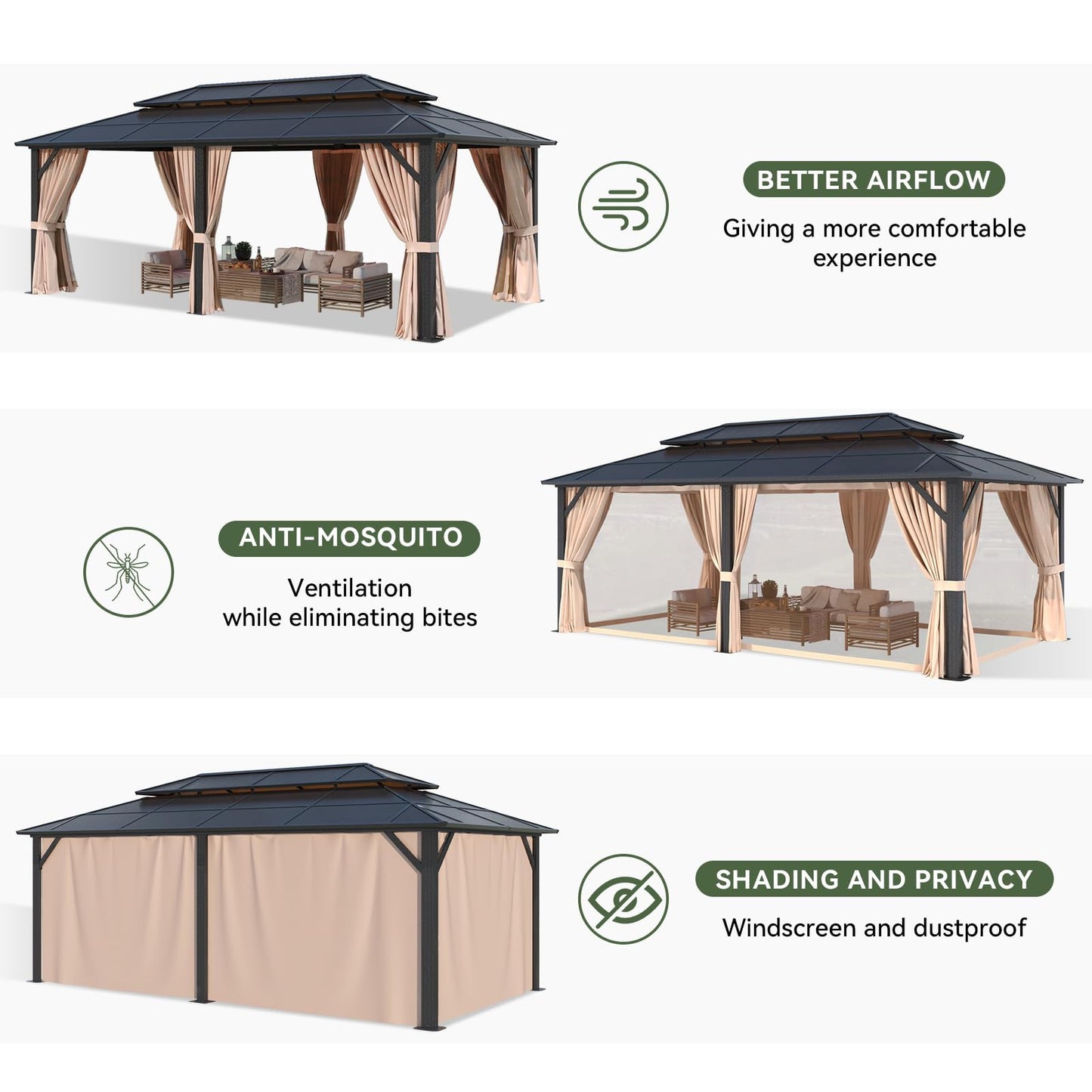 Aoxun 12'x20' Hardtop Gazebo, Aluminum Frame Permanent Pavilion with Curtains and Netting, Outdoor Polycarbonate Double Roof Canopy, Designed for Garden, Lawns, Patio