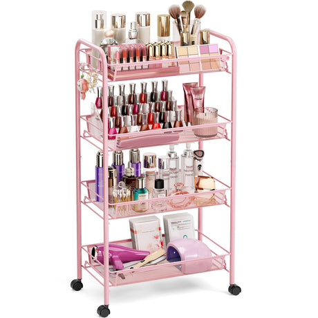 TOOLF 4 Tier Rolling Utility Cart - Durable Metal Design Pink Utility Cart, Storage Trolley on Wheels with 3 Hooks, Perfect for Kitchen, Bathroom & Laundry Room Organization TOOLF