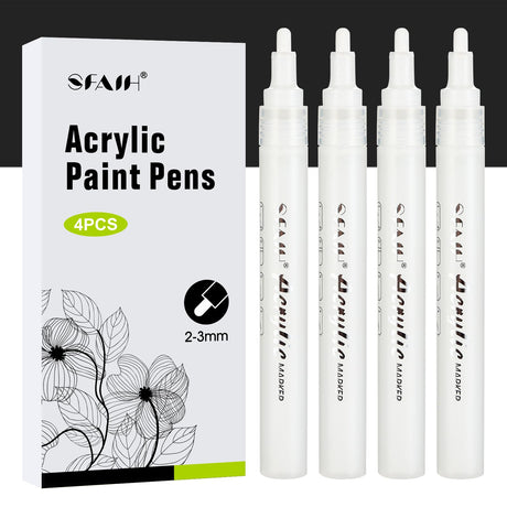SFAIH White Paint Markers Pens - 4 Pack 2-3MM Medium Tip Acrylic White Permanent Markers for Rock Painting, Wood, Metal, Fabric, Plastic, Canvas, Glass, Ceramic, Diy Crafts, Drawing, Tire SFAIH