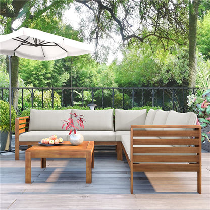 YSWH Exotic Design 4 Pieces Outdoor Patio Furniture Sectional Sofa Sets with Cushions, Eucalyptus Wood Frame with Slatted Tabletop Tea Table and Backrest, Natural Frame + Beige Cushions