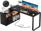 Homieasy L Shaped Desk with File Cabinet & Power Outlet, Reversible 55 Inch Large Corner Computer Desks with LED Strip, L-Shaped Computer Desk with Homieasy