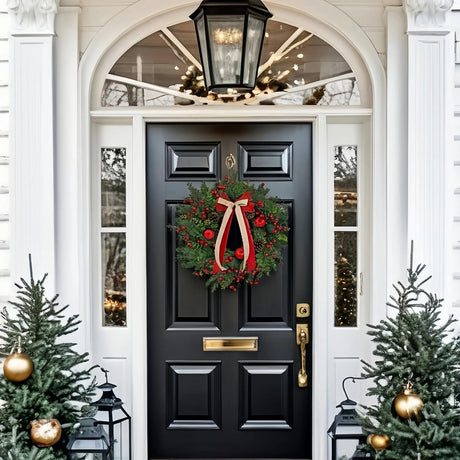 ARTINCRAFIO 24 Inch Christmas Wreath: Includes Red Bow & Zipped Storage Bag - Red Apple Berry Lush Foliage Wreaths for Front Door - Perfect Easy Post-Season Storage for Year-Round Use ARTINCRAFIO