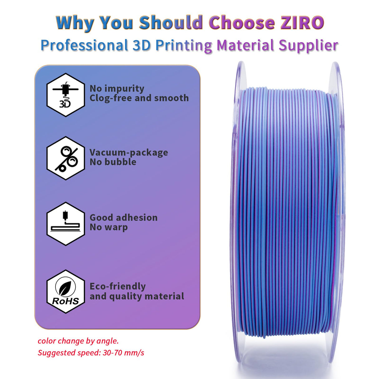 ZIRO PLA Filament 1.75mm, Matte Multicolors 3D Printer Filament, Color Change with Angle, Tri-Colors 3-in-1 Chrome, Dimensional Accuracy +/-0.03mm, Fit Most FDM 3D Printers,1KG Spool, Purple Sunset ZIRO