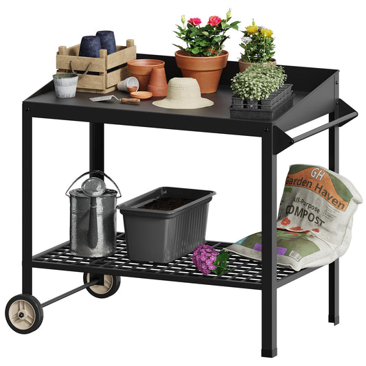 FOYUEE Metal Potting Bench with Wheels Planting Table for Outdoor Gardening Work Benches for Outside Potters Station Weatherproof