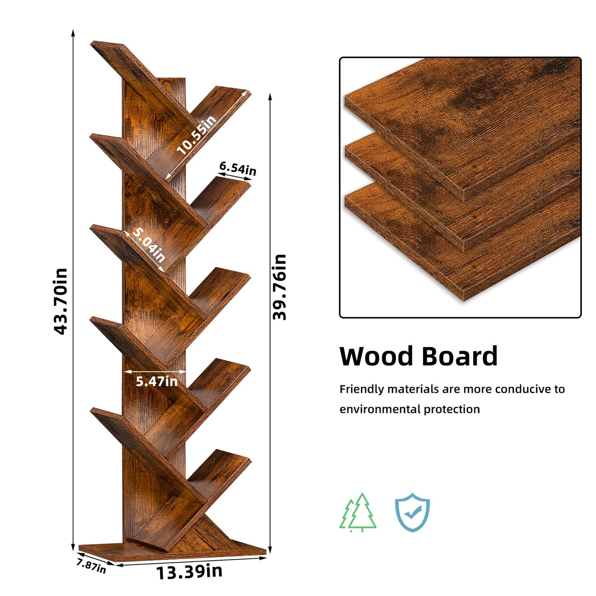 SHEEPAM 10 Tier Tree Book Shelf, Floor Standing Wood Bookshelf for Narrow Space, Storage Organizer Bookshelves for Books/CDs/Magazine, Bookcase with Shelves for Home Office, Living Room - Brown SHEEPAM