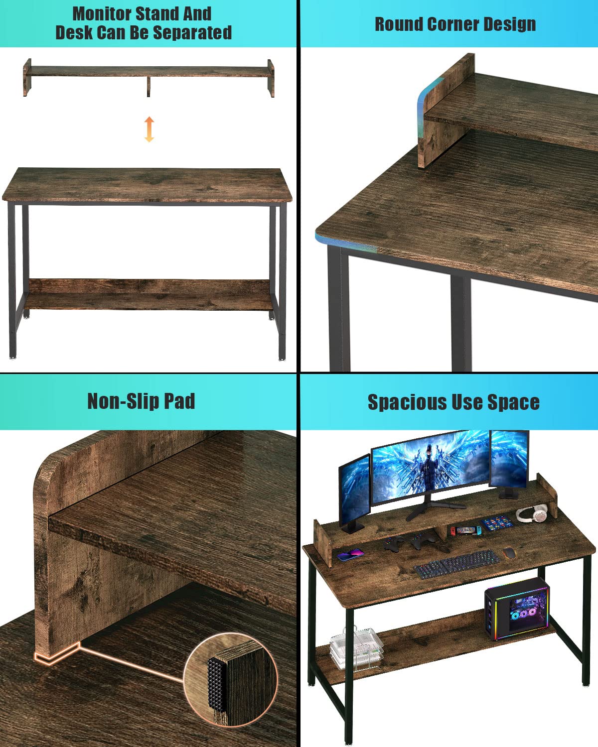 WOODYNLUX 43 Inch Rustic Computer Desk with Shelves for Home Office and Gaming WOODYNLUX