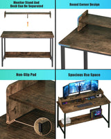 WOODYNLUX 43 Inch Rustic Computer Desk with Shelves for Home Office and Gaming WOODYNLUX