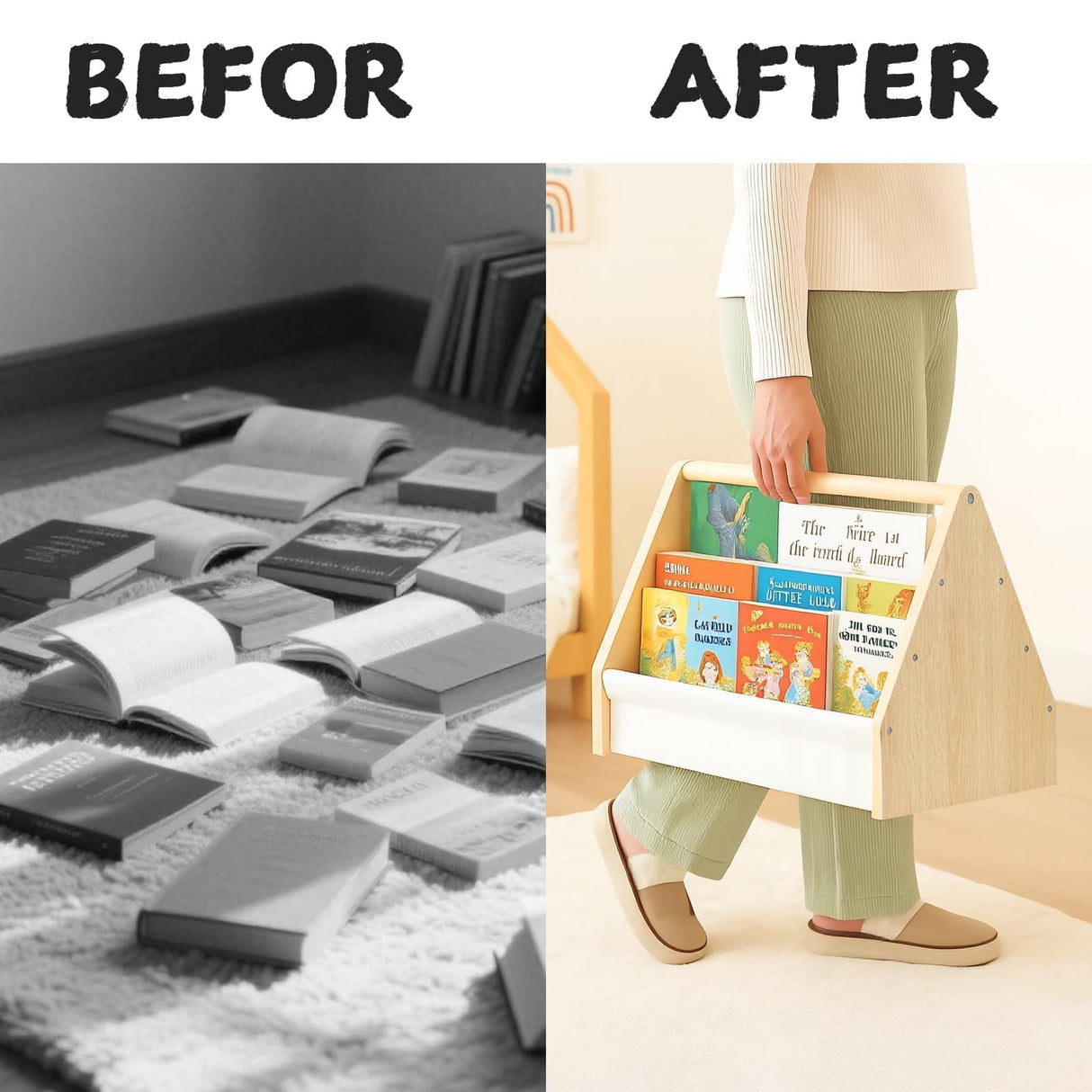 Epelay 19" Toddler Bookshelf, 6-Tier Double-Sided Kids Bookshelf, Montessori Bookcase for Toddlers with Deep Fabric Pockets, Natural Wooden Toy Storage Organizer for Nursery or Playroom Epelay