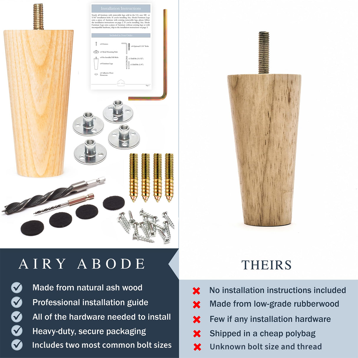 Ash Wood Furniture Legs - Premium Mid Century Legs for Sofa, Chair, Table, Dresser, Bed, Cabinet, Ottoman - Our Wooden Legs Are Easy To Install & Include Installation Hardware - Set of 4, 10 Inches Airy Abode