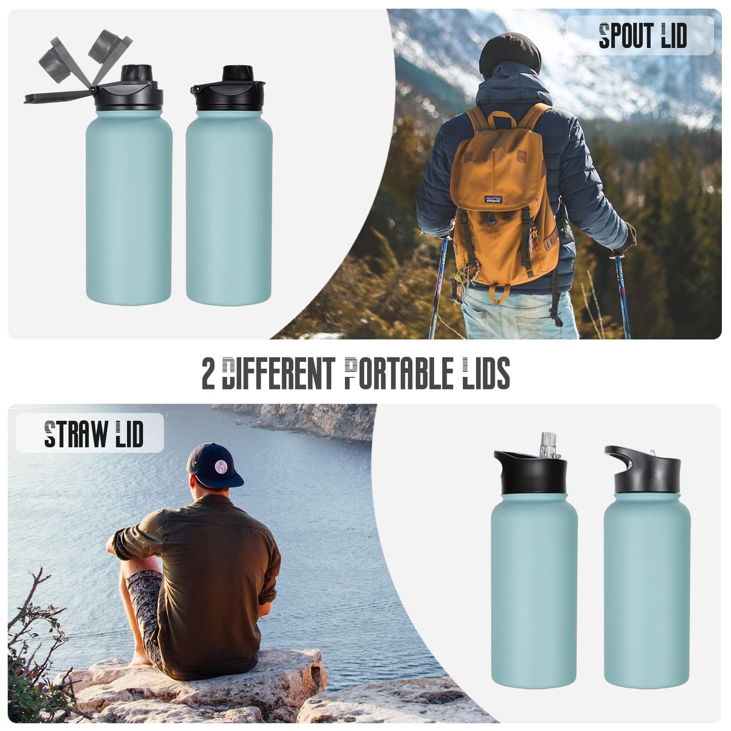 VQRRCKI 32 oz Insulated Water Bottle Bulk 8 Pack, Stainless Steel Sports Water Bottles with Straw Lid & Wide Mouth Lids, Double Walled Vacuum, Leak Proof, Turquoise Blue