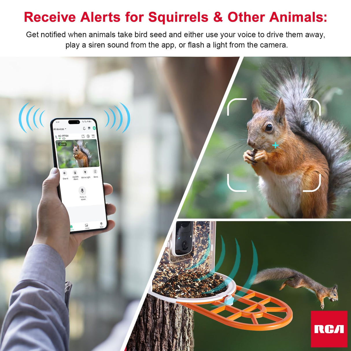 RCA Smart Bird Feeder with HD Camera – AI Bird Recognition Technology, Infrared Night Vision, Solar Powered, Two-Way Audio, Waterproof/Dustproof, WiFi-Enabled, Cloud Storage, App-Control RCA