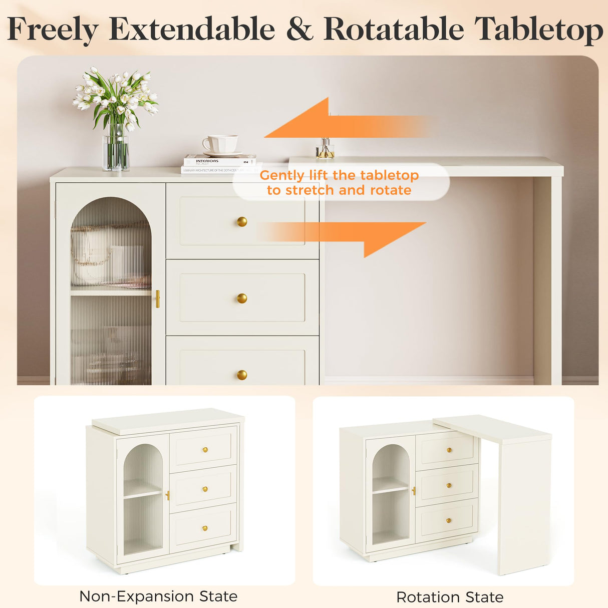 RoyalCraft Makeup Vanity Desk, Extendable Corner Vanity Makeup Table with 3 Drawers & 1 Door, Modern Dressing Table for Bedroom, Cream White Makeup Vanity Without Mirror RoyalCraft