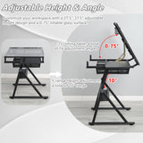 Roockky Drafting Table, 0-75° Tilting Glass Tabletop Drawing Table with Stool - Adjustable Height Art Desk with Multi-Storage for Sketching and Painting - Perfect for Artists and Hobbyists, Black Roockky