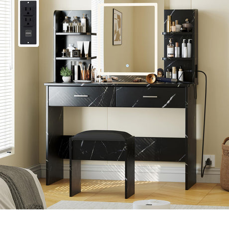 Vanity Desk with Lighted Mirror, Makeup Vanity Set with Power Outlet, Cushioned Stool, Vanity Table with 6 Storage Shelves, 2 Large Drawers and 3 Color Light Adjustable Brightness, Marble Black Patikuin