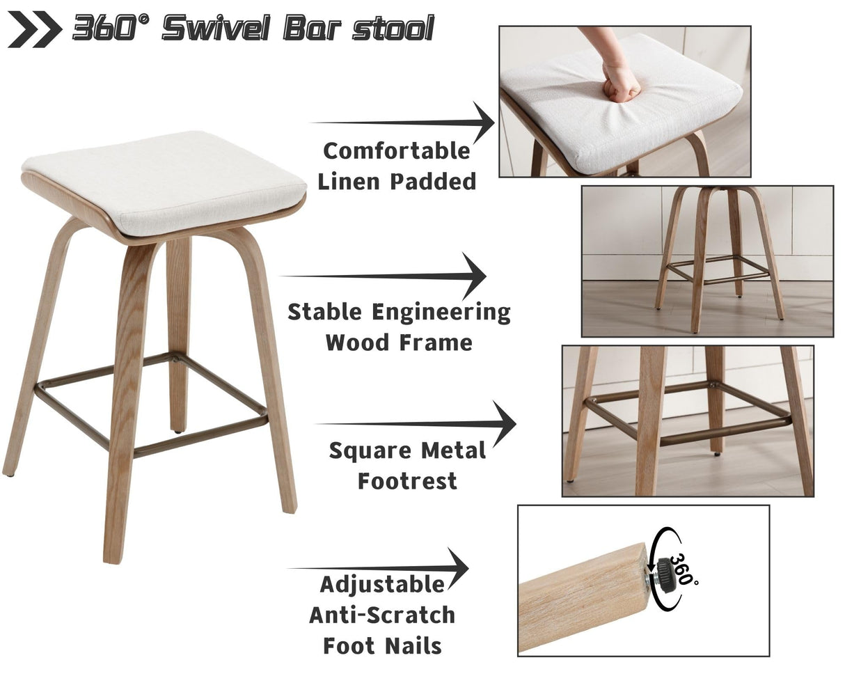 26’’ Swivel Counter Stools Counter Height Bar Stools Set of 2, Rustic Farmhouse Backless Swivel Bar Stools Beige Linen Cushion Bar Height Chairs with Footrest, Modern Wood Barstools for Kitchen Island HNY