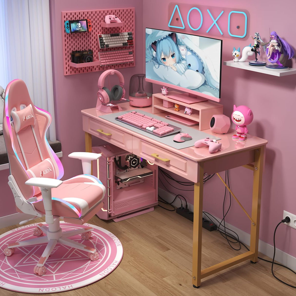 WESTREE Modern Makeup Vanity Desk with Glossy Desktop,Bedroom Home Office Writing Desk with Drawers, Storage Shelf, Gold Metal Frame for Dressing Table Without Mirror WESTREE