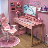 WESTREE Modern Makeup Vanity Desk with Glossy Desktop,Bedroom Home Office Writing Desk with Drawers, Storage Shelf, Gold Metal Frame for Dressing Table Without Mirror WESTREE