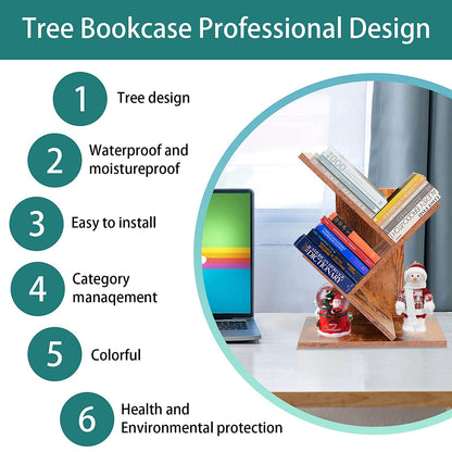 ZRWD Tree Bookshelf, 3-Tier Small Book Storage Organizer Shelves Floor Standing Bookcase, Wood Storage Rack for Office Home School Shelf Display for Cd/Magazine(Rustic Brown)