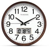 TIMESS Wall Clock, Classic Wood Style Finish, 11 Inch Non-Ticking Silent Battery Operated Quartz Analog with Perpetual Calendar and F° Temperature Display, Home, Office Décor (Wood Brown) TIMESS