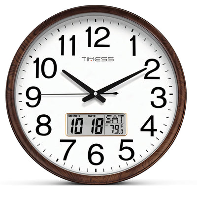 TIMESS Wall Clock, Classic Wood Style Finish, 11 Inch Non-Ticking Silent Battery Operated Quartz Analog with Perpetual Calendar and F° Temperature Display, Home, Office Décor (Wood Brown)