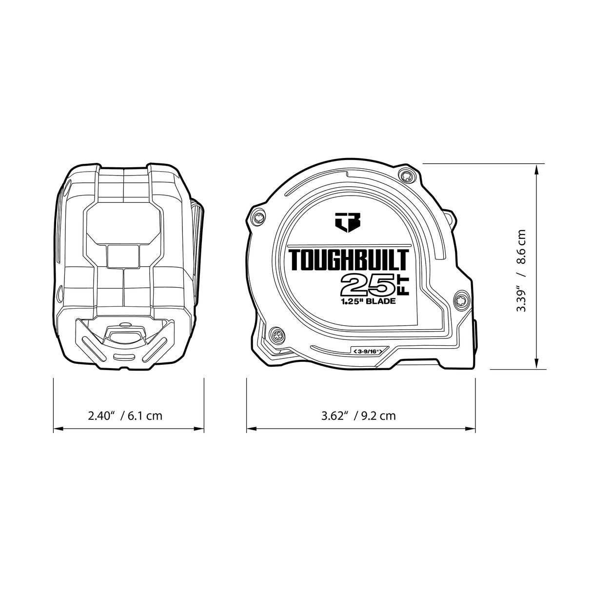 ToughBuilt - 25' ProBlade™ Tape Measure w/Blade Control Features, Easy-to-Read 1.25” Width Blade w/Double-Sided High Contrast Markings - (TB-H2-T-12225) ToughBuilt