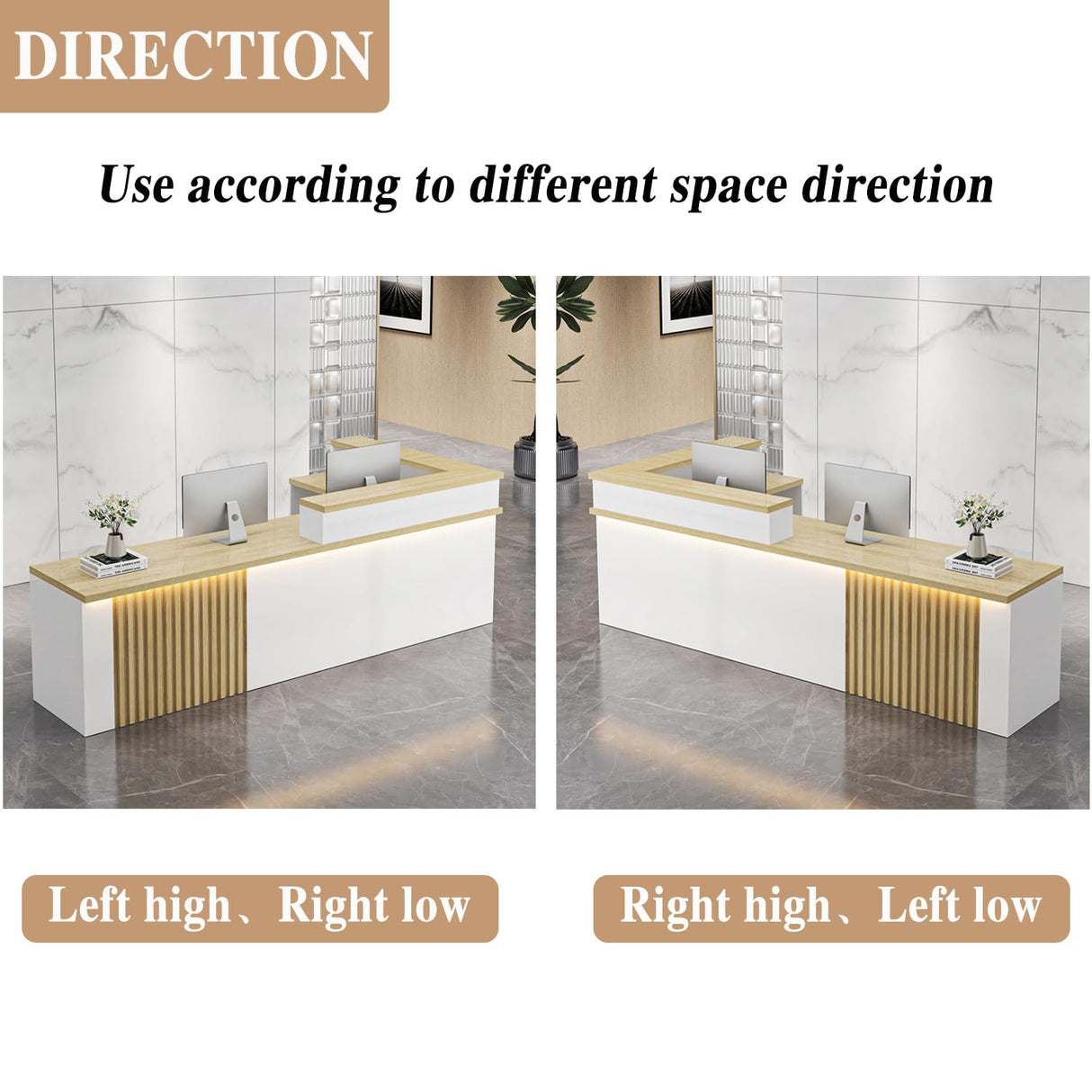 Front Desk Reception Counter，L Shaped Modern Reception Desk Commercial Checkout Counter with Lockable Drawer & LED Lights for Salon Office Lobby Barbershop Store Generic
