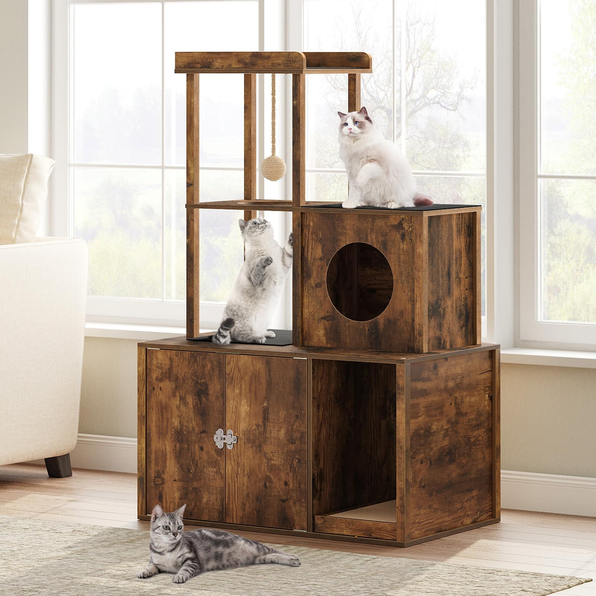 MAHANCRIS Cat Tree with Litter Box Enclosure, Hidden Cats Litter Box Furniture with Condo and Plush Ball, Wooden Cats Washroom Furniture with Platform, Indoor Cat House, Rustic Brown CWHR1501 MAHANCRIS