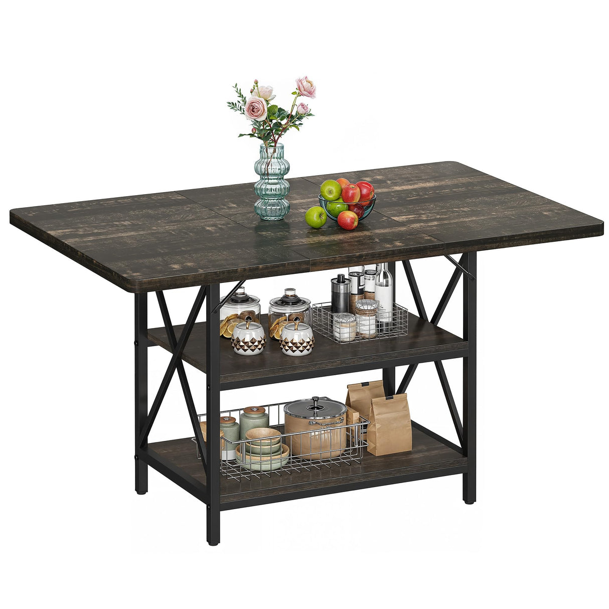 DWVO Dining Room Table 47 Inch Rectangle Dining Table for 4 People Farmhouse Kitchen Table Rustic Dinner Table with Storage Shelf and Heavy Duty Metal Legs for Home Apartment DWVO