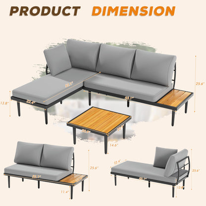 Devoko Outdoor Sectional Furniture Patio Sectional Sofa with Acacia Wood Table, Patio L-Shaped Conversation Set with All-Weather Cushion for Patio,Garden,Backyard(Gray) - WoodArtSupply