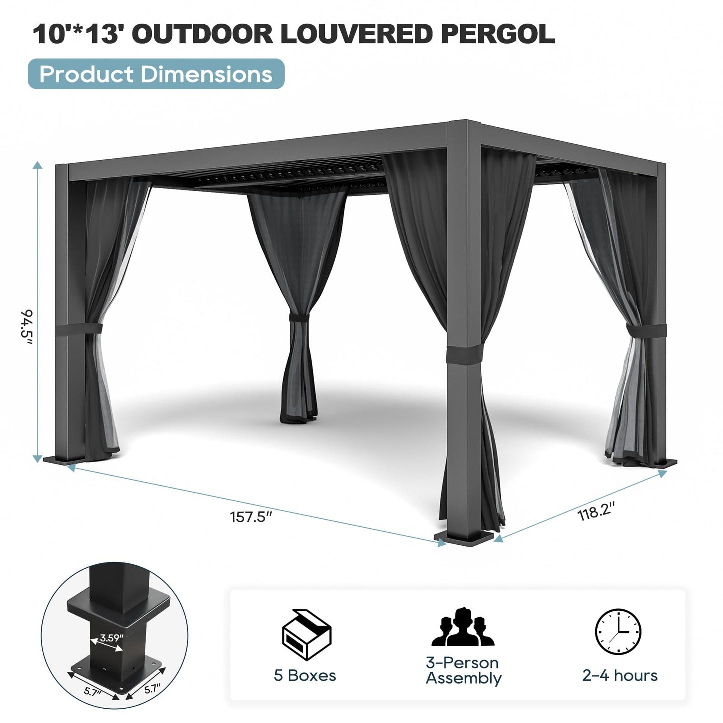 10' ×13' Outdoor Louvered Pergola, Aluminum Outdoor Louvered Pergola Patio with Adjustable Roof for Outdoor Deck (Black with Curtain)