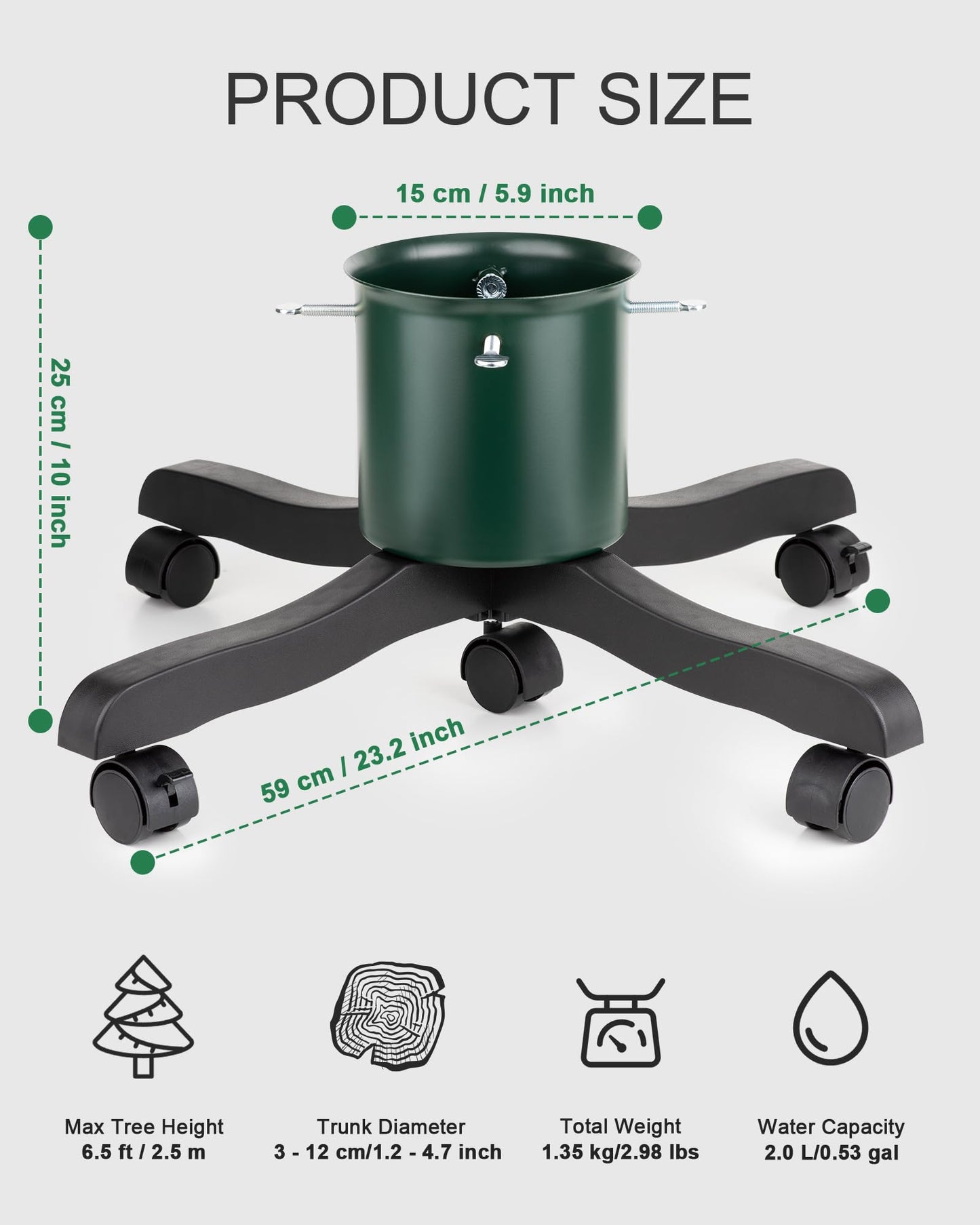 Live Christmas Tree Stand : Real Christmas Tree Stand Base With Wheels Movable Adjustable up to 6.5ft Hold 0.53gal Water Reservoir Goodjob Green