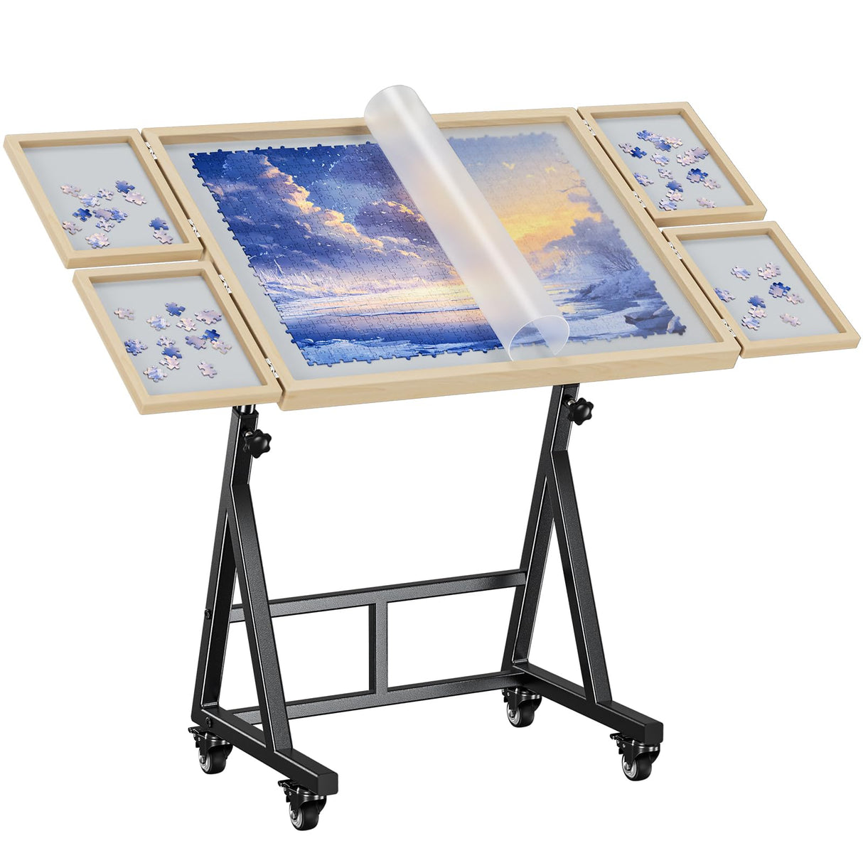 POKIPO 1500 Piece Jigsaw Puzzle Table with Legs, 36.61"x28.74" Adjustable Puzzle Table, 4 Hanging Trays, Puzzle Board with Wheels and PVC Cover for Adults and Families POKIPO