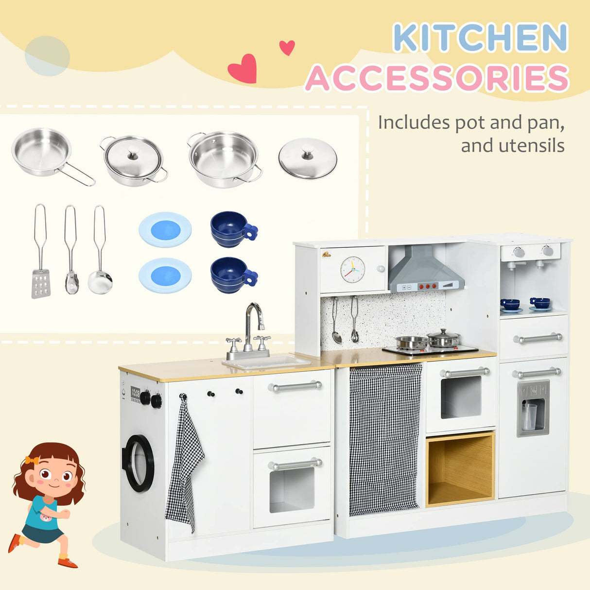 Qaba Kids Wooden Kitchen Playset with Sound Effects and Tons of Countertop Space, Wooden Corner Play Kitchen Set with Washing Machine, Imaginative Toy Pretend Restaurant, Ages 3-6, White Qaba