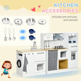 Qaba Kids Wooden Kitchen Playset with Sound Effects and Tons of Countertop Space, Wooden Corner Play Kitchen Set with Washing Machine, Imaginative Toy Pretend Restaurant, Ages 3-6, White Qaba