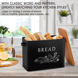 TeamFar Bread Box with Wooden Lid, 13.1” x 7.2” x 9.7” Metal Bread Container Storage Holder for Family Farmhouse Kitchen Countertop, Powder-Coated & Healthy, Large Capacity & Classic Pattern (Black) TeamFar