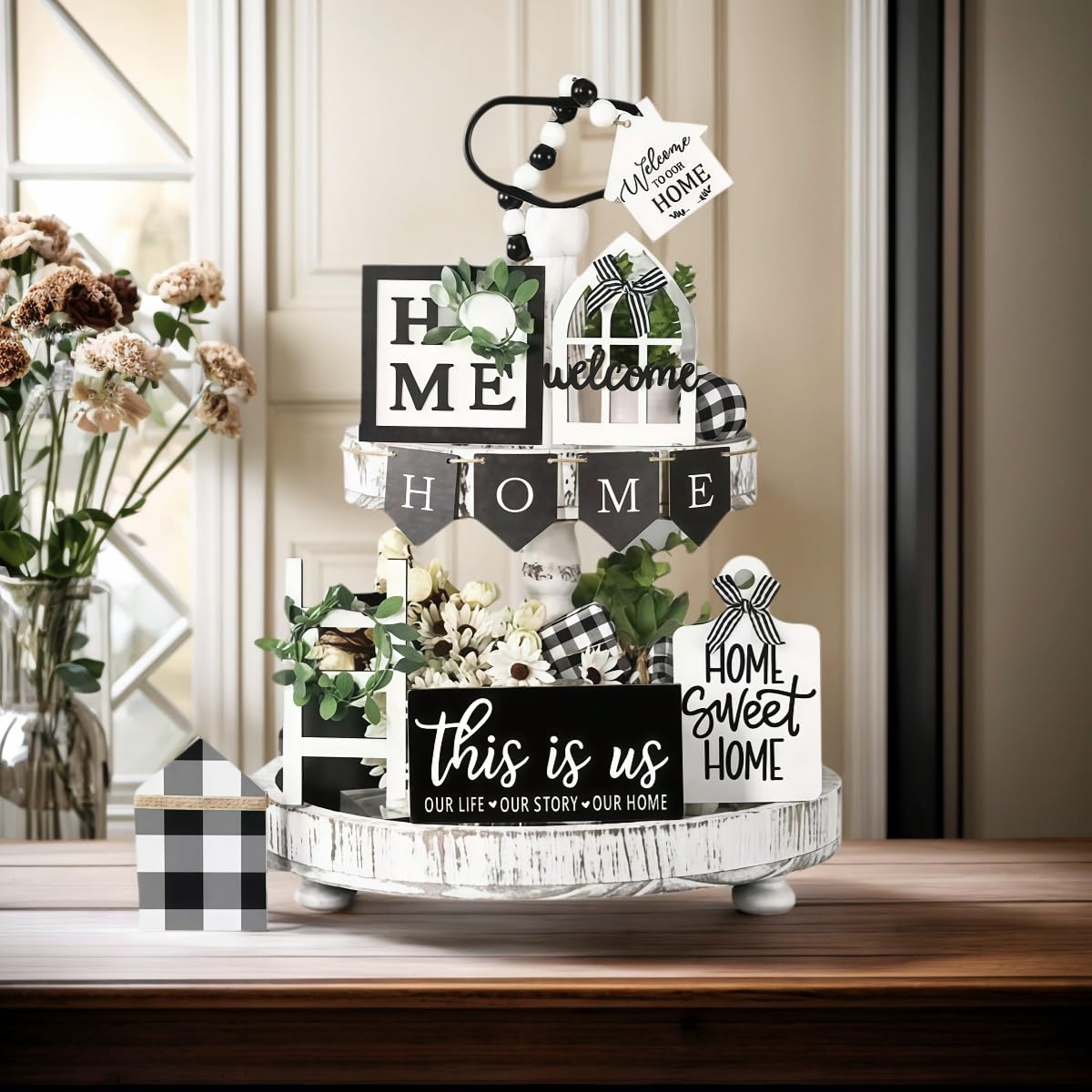 Tiered Tray Decor Set for Rustic Home Country Kitchen Dining Room Living Room Table Decorations Farmhouse Modern White and Black Tray Decorative with Wooden Beads and Board (No Tray) MKER HOME