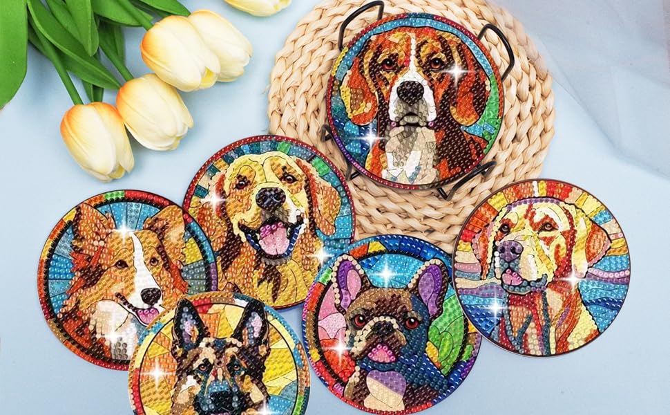 Puraikcmi 6pcs Dogs DIY Diamond Art Painting Kits Coasters with Holder, Diamond Coasters by Number Adults Crafts Full Drill Round Mosaic Stitch Art Craft Supplies Puraikcmi