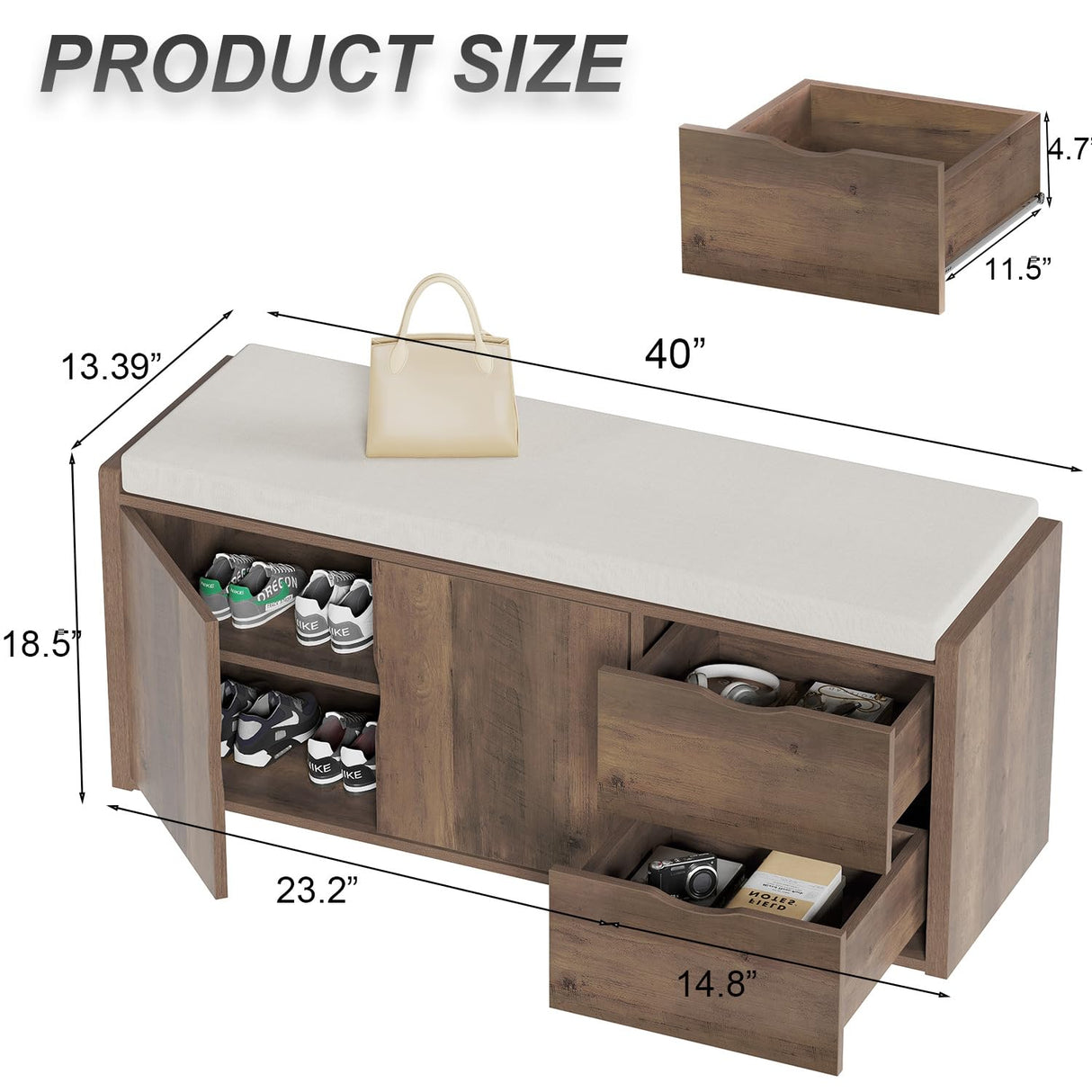 LVB Entryway Bench with Storage, 40” Storage Bench with Padded Cushioned Seat, Farmhouse Shoe Bench with 2 Drawers Cabinet Shelf, Industrial Wood Shoe Rack Bench for Living Bedroom，Rustic Oak, 40in LVB